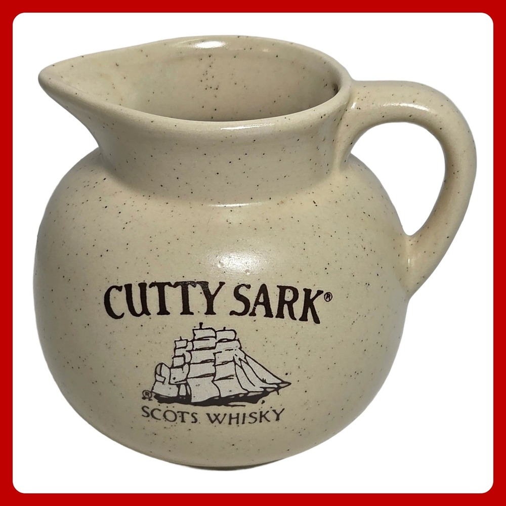 Vintage Cutty Sark Whisky Water Pitcher Ceramic‎ Beige Speckled Logo Barware EUC